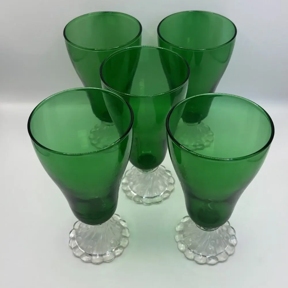 Set of 5 Vintage Anchor Hocking Emerald Green Burple Iced Tea Goblets Swirl Base